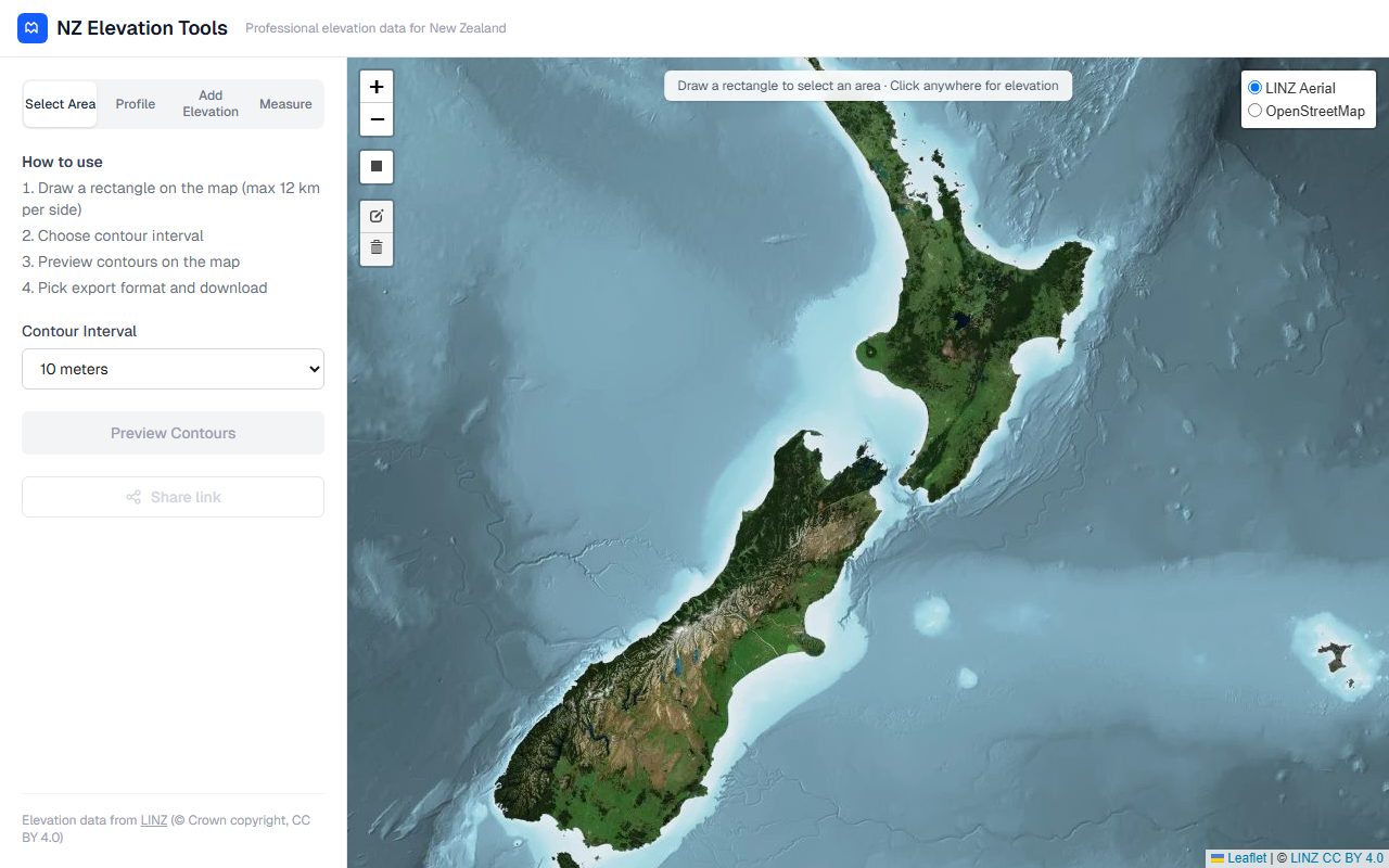 NZ Elevation Tools — interactive elevation map of New Zealand